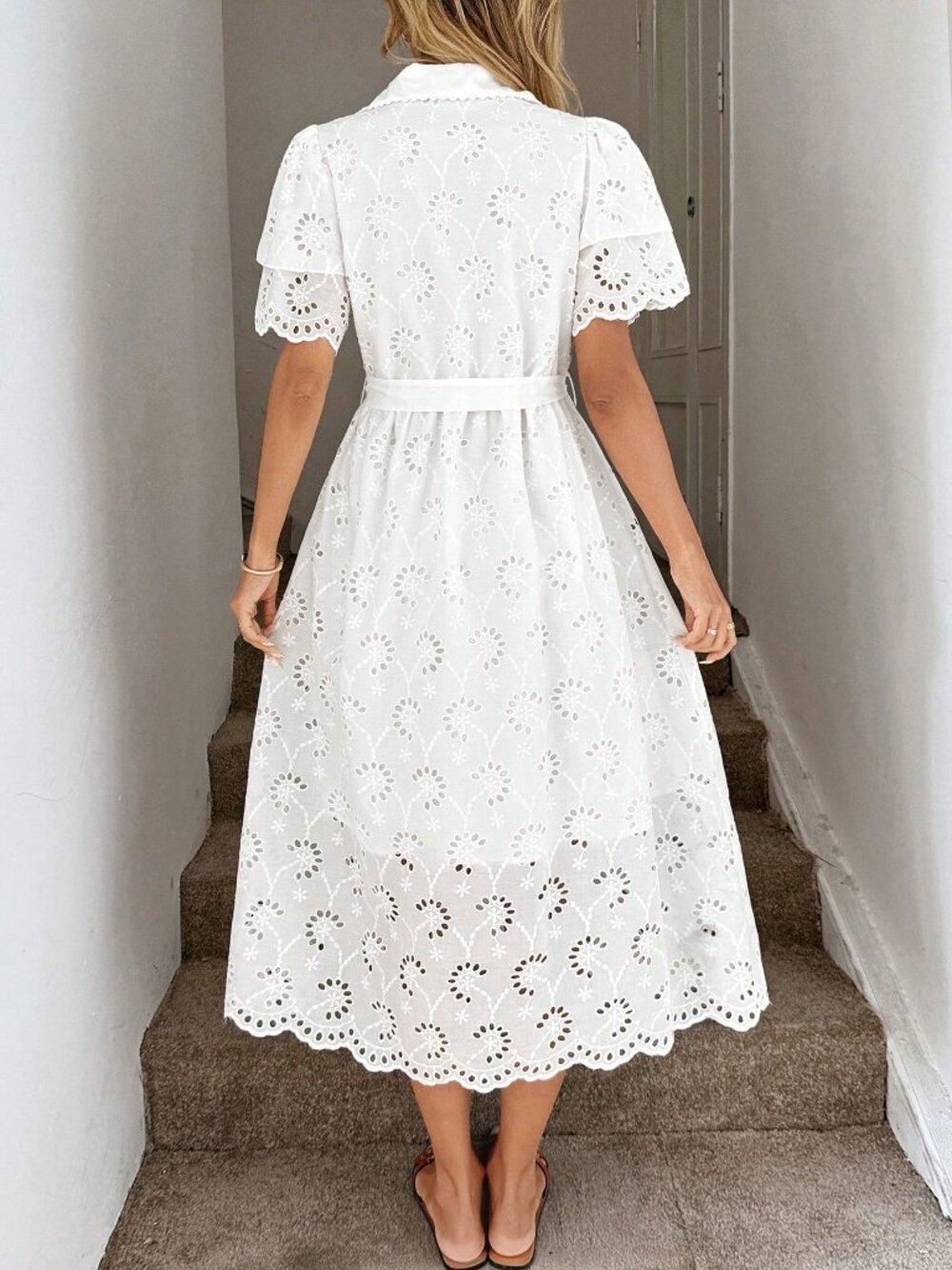 White Boho Women's Casual Embroidered Collar Dress - Picture 2 of 8